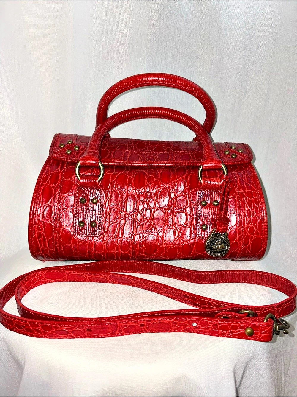 Brahmin Prissy Collection Red Barrel-Shaped Croc-Embossed Satchel With Crossbody
